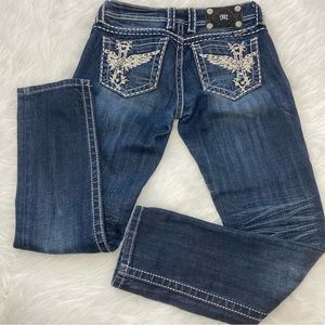 Miss Me Wing Cross Capri Jeans Stonewood Dark Wash Embellished White Top Stitch